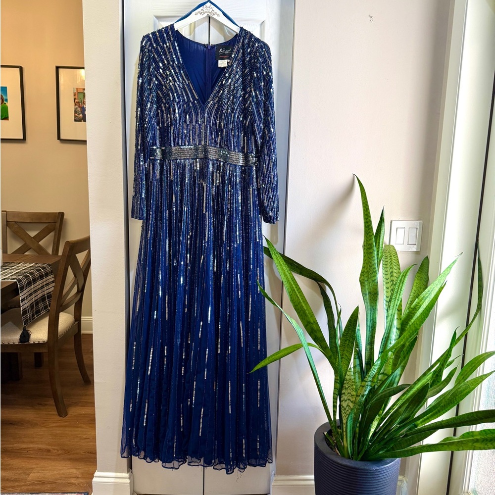 Mac Duggal Navy Sequin Evening Dress with Silver Accents
